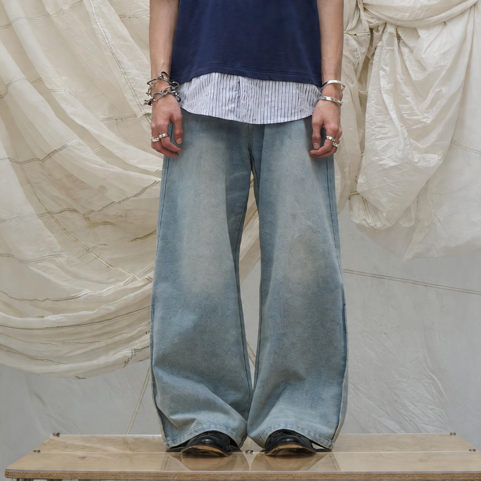 Washed Semi-Zip Relaxed Straight Leather-Patch Jeans