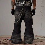 Black Washed Distressed Straight Flared Jeans