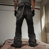Black Washed Distressed Straight Flared Jeans