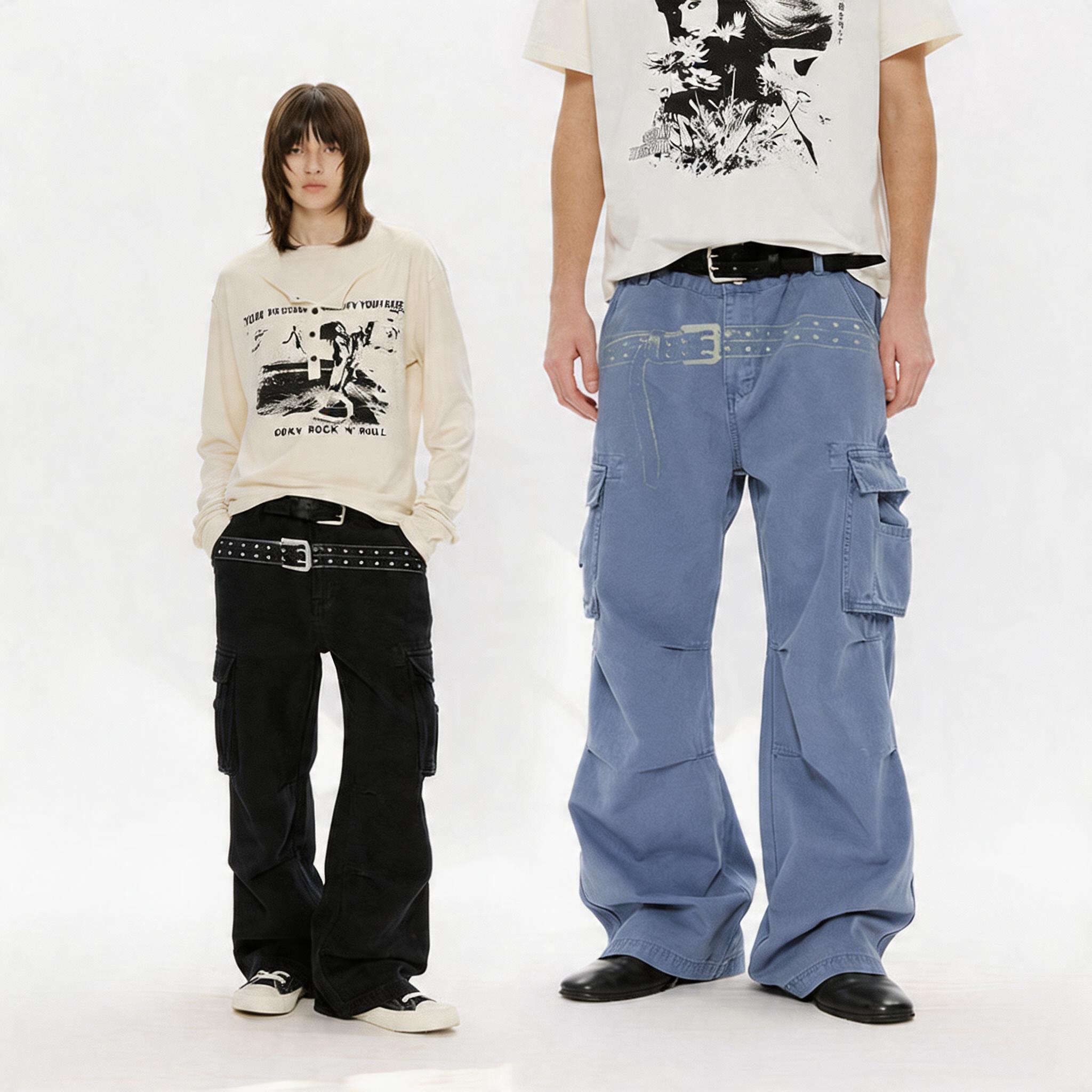 Washed Printed French Blue Cargo Pants