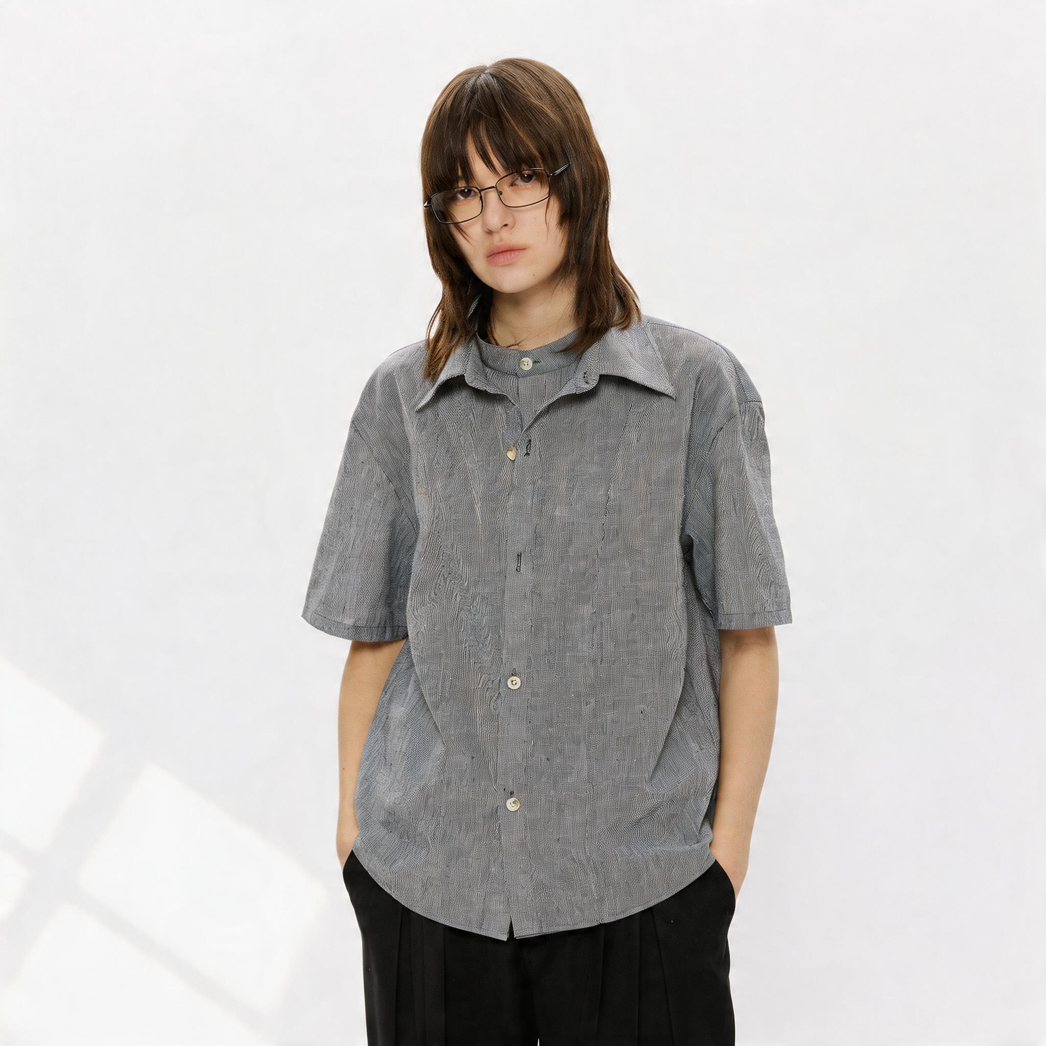 Men's Double-layered Short-sleeved Plaid Linen Shirt