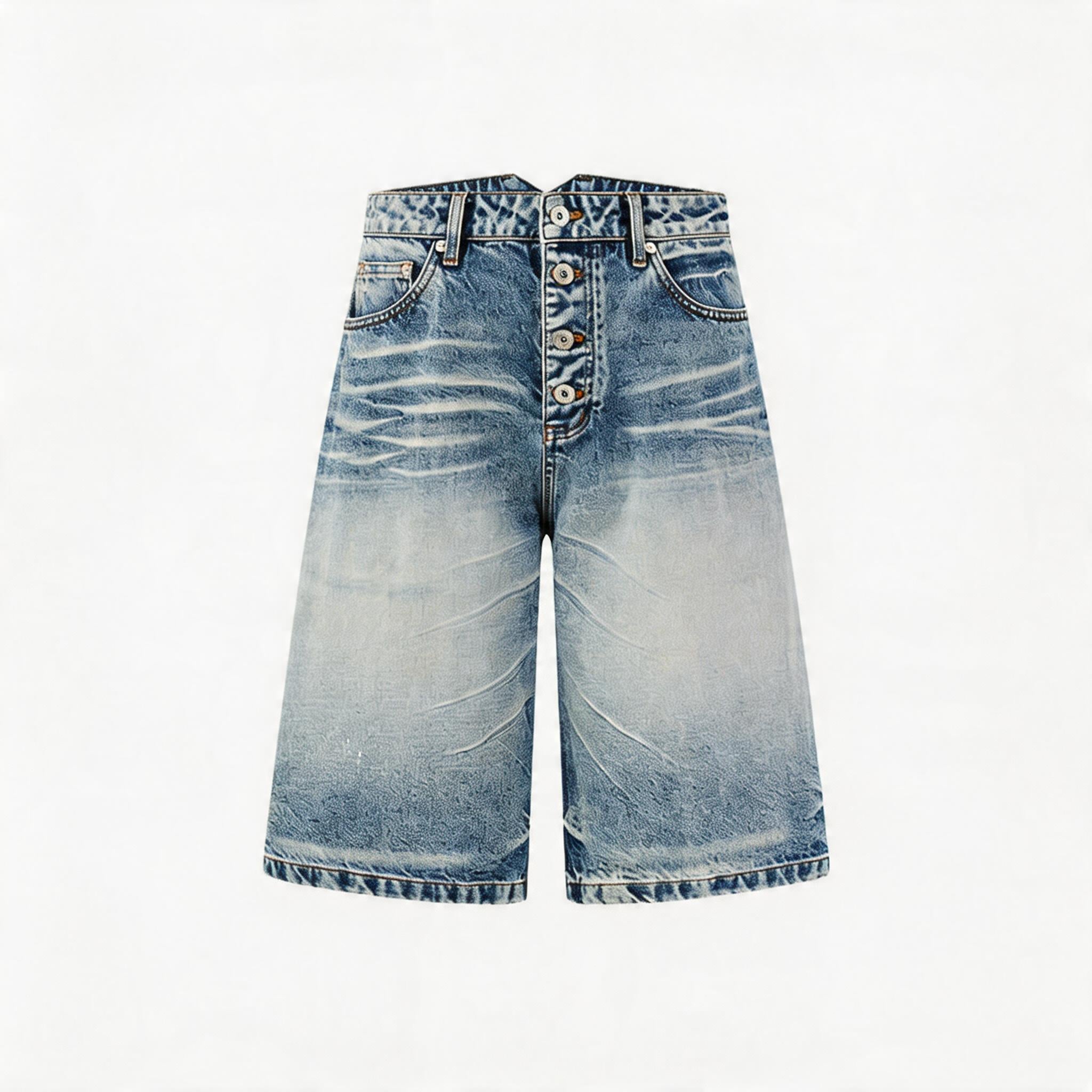 Whisker Wash Button Denim Shorts