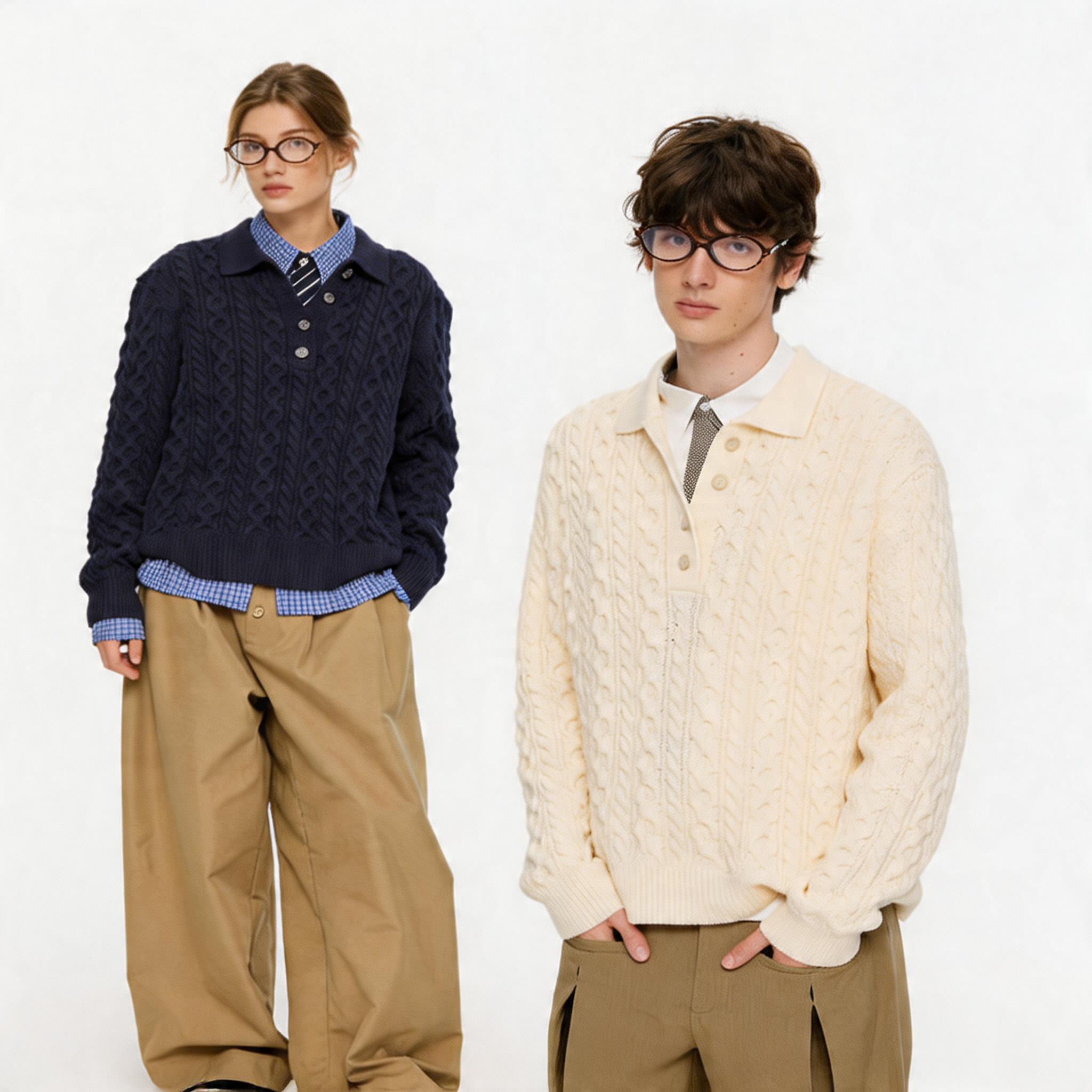 Men's Milk Cotton Cable Polo Sweater