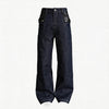 Navy Embossed PU Patchwork Flared Jeans