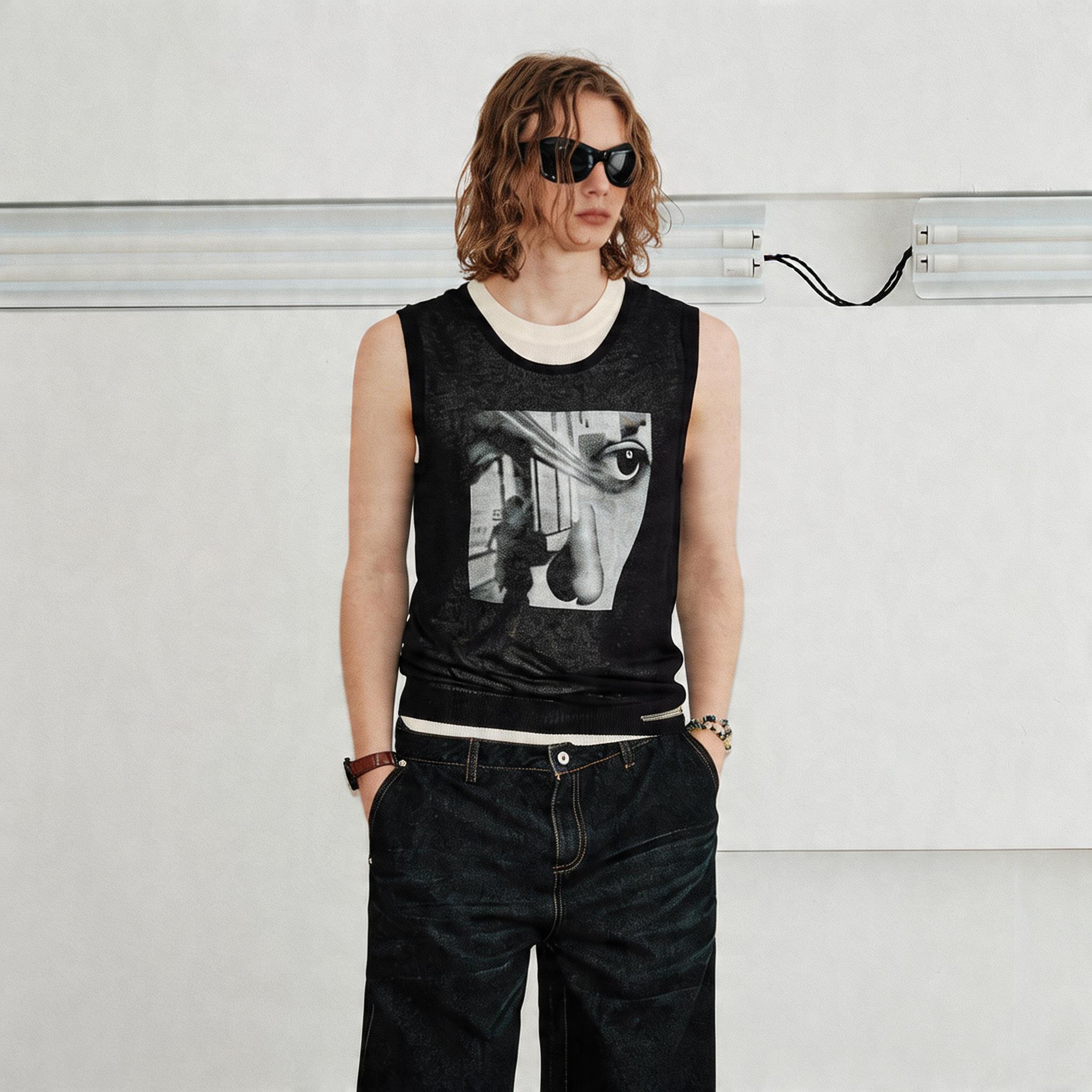 Men's Sleeveless Printed Linen-like Zip Vest