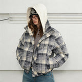 Detachable Hooded Plaid Puffer Coat