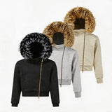 Detachable Fur Collar Slant Zip Hoodie