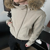 Detachable Fur Collar Slant Zip Hoodie