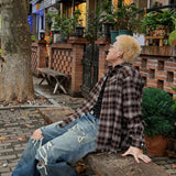 Frayed Brushed Taupe Plaid Shirt Jacket