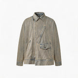 Vintage Sand Zip Denim Biker Jacket