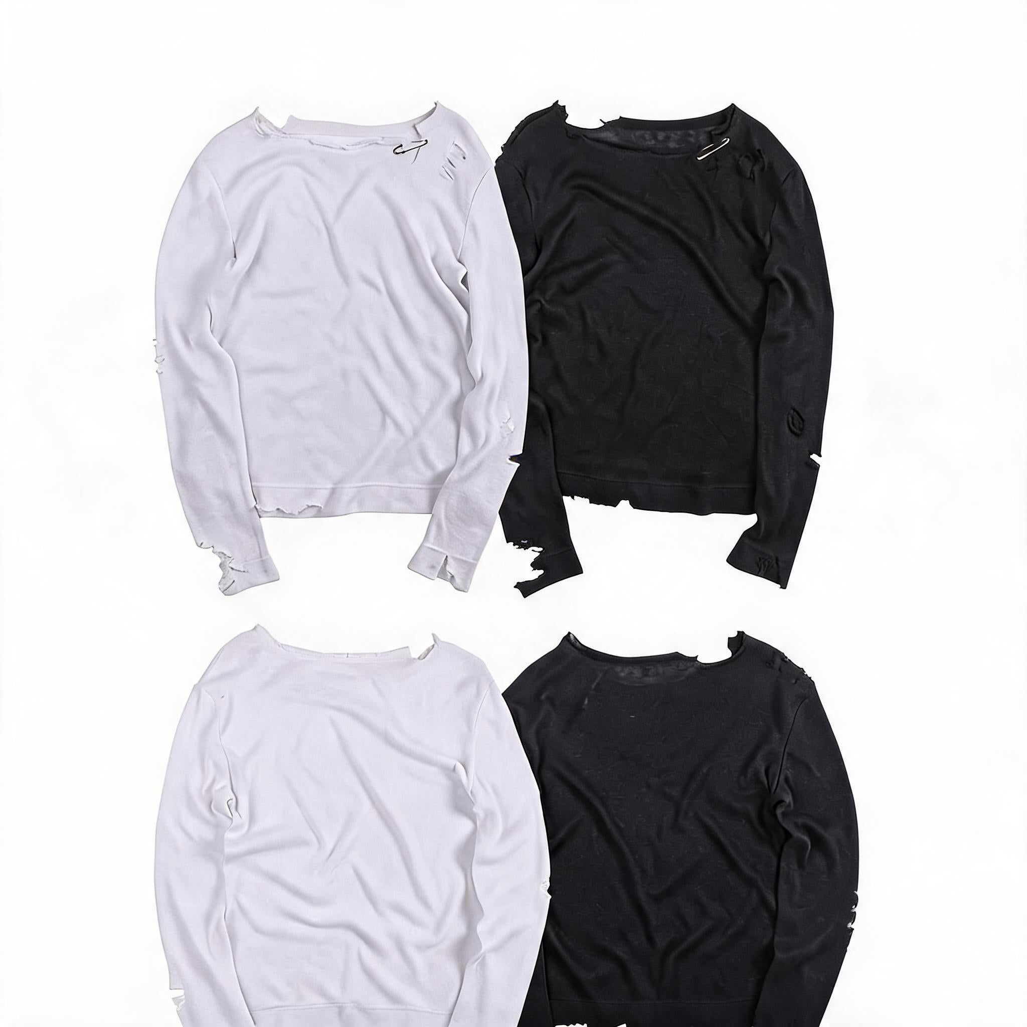 Distressed Button Slim Knit Long-Sleeve Tee