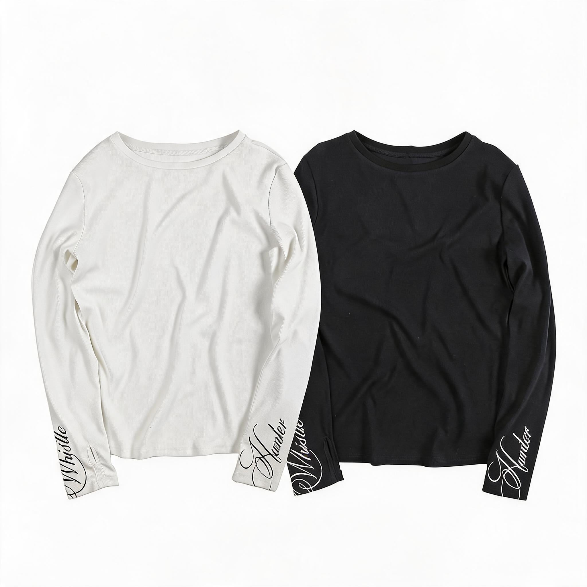 Fitted Long-Sleeve Cuff Script Print Tee