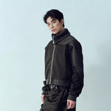 Army Green Ribbed Zip Lapel Jacket