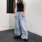 Double Waistband Drawstring Washed Blue Jeans