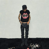Black Cropped Lip Print Tee