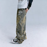 Washed Blue Mud-Dyed Graffiti Baggy Jeans