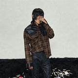 Brown Plaid Leather Shirt Jacket