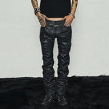 Black Coated Waxed Distressed Straight Jeans