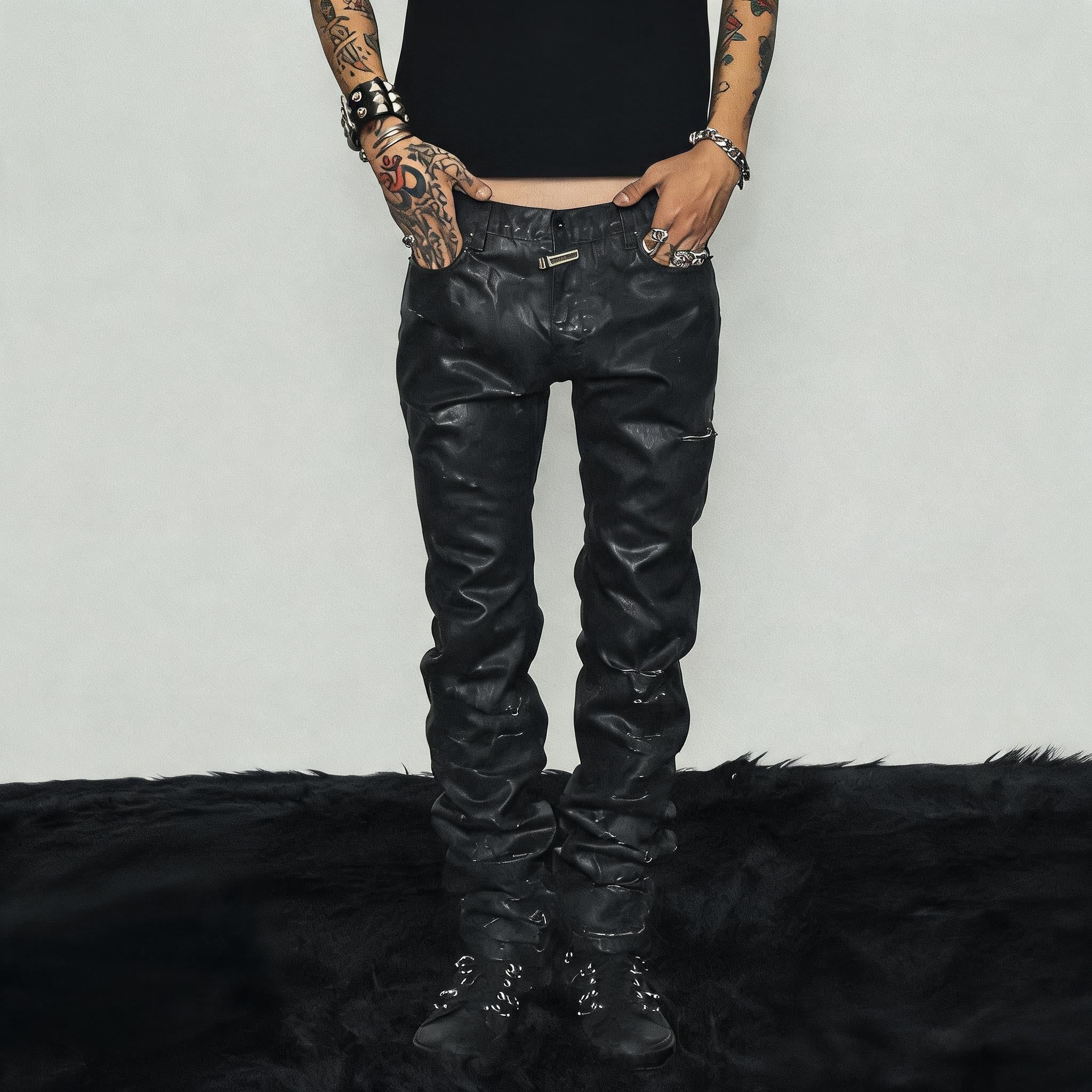 Black Coated Waxed Distressed Straight Jeans