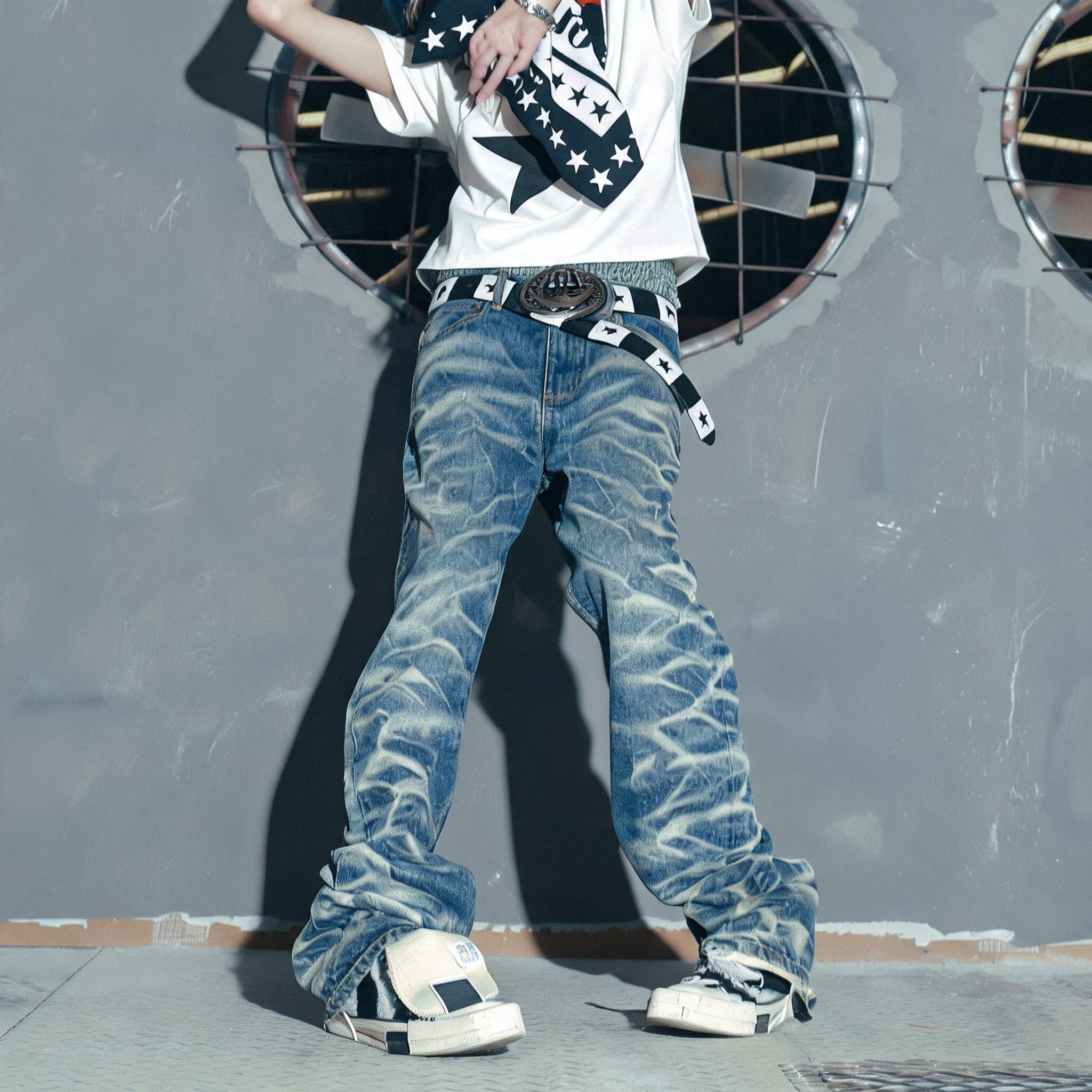 Blue Washed Distressed Flared Denim Pants