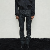 Black Coated Waxed Distressed Straight Jeans