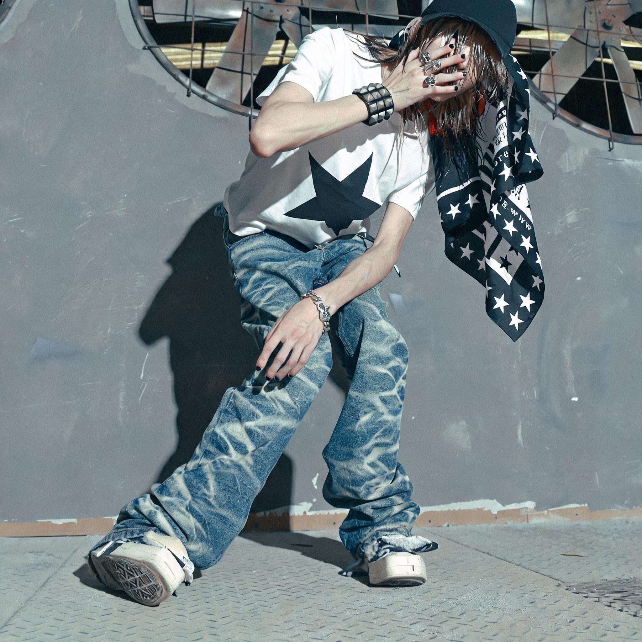 Blue Washed Distressed Flared Denim Pants