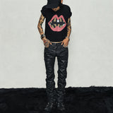 Black Coated Waxed Distressed Straight Jeans