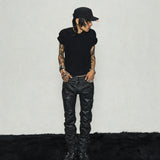 Black Coated Waxed Distressed Straight Jeans