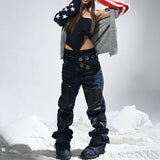 Dark Blue Whiskered Leather Straight-Leg Jeans