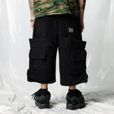 Adjustable Black Plaid Cropped Cargo Shorts