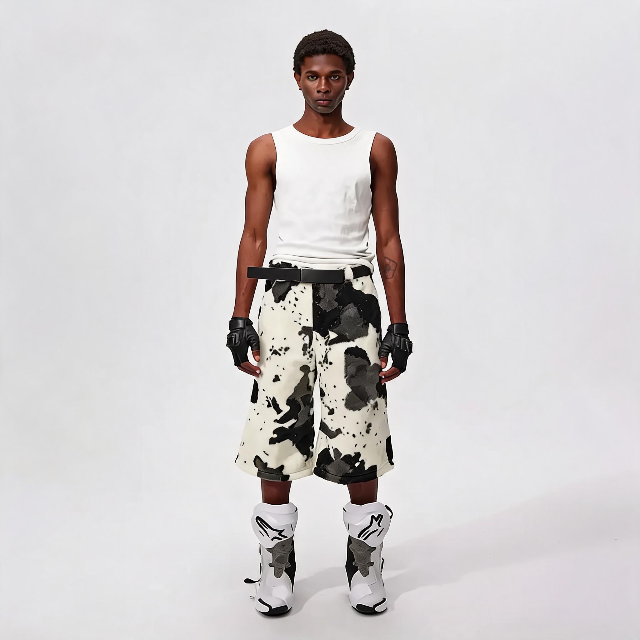 Cropped Cow Print Faux Fur Shorts