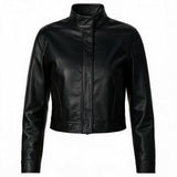 Short Stand Collar Cowhide Leather Jacket