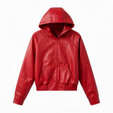 Cropped Lambskin PU Hooded Kangaroo Jacket