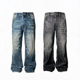 Heavy Wash Lightning Crack Flare Jeans