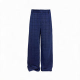 Blue-Black Plaid Pleated Casual Pants