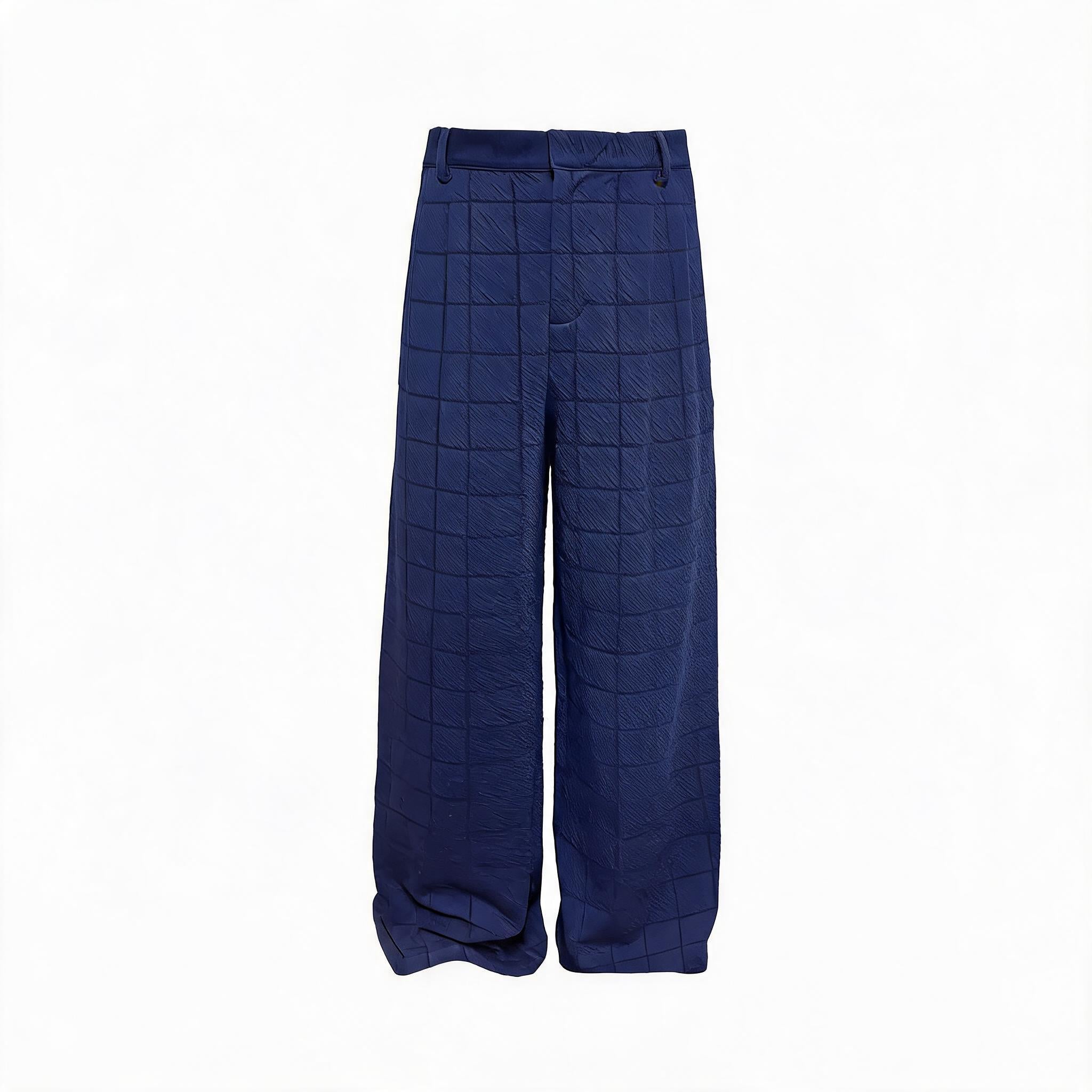 Blue-Black Plaid Pleated Casual Pants