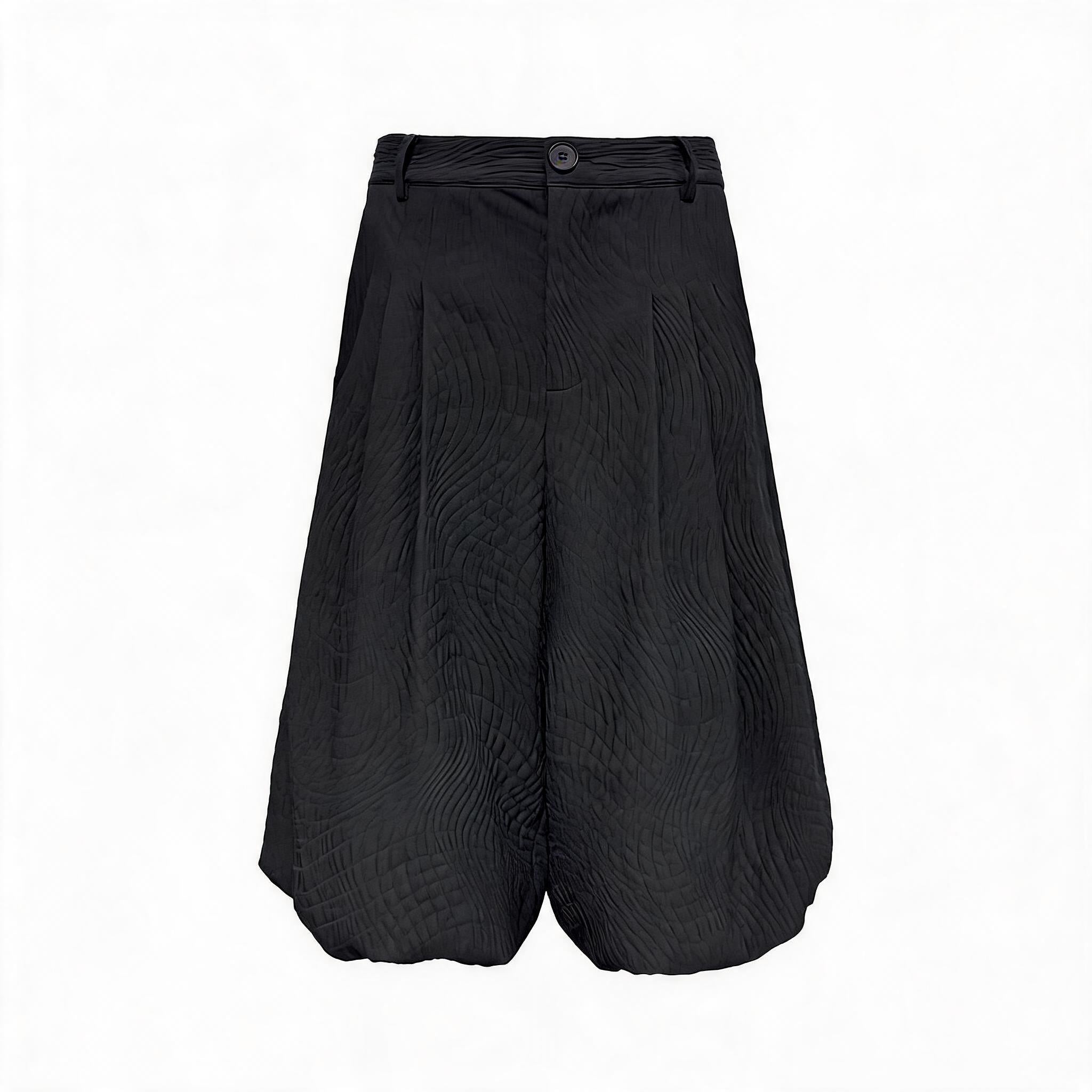 Black Pleated Leaf Jacquard Cropped Skort