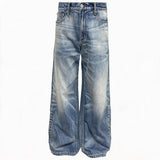 Grey Blue Distressed Wide Leg Jeans