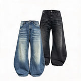 Pleated Distressed Wide Curved Jeans