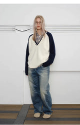 Men's Loose Colorblock V-neck Wool Sweater