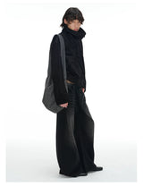 Pleated Distressed Wide Curved Jeans
