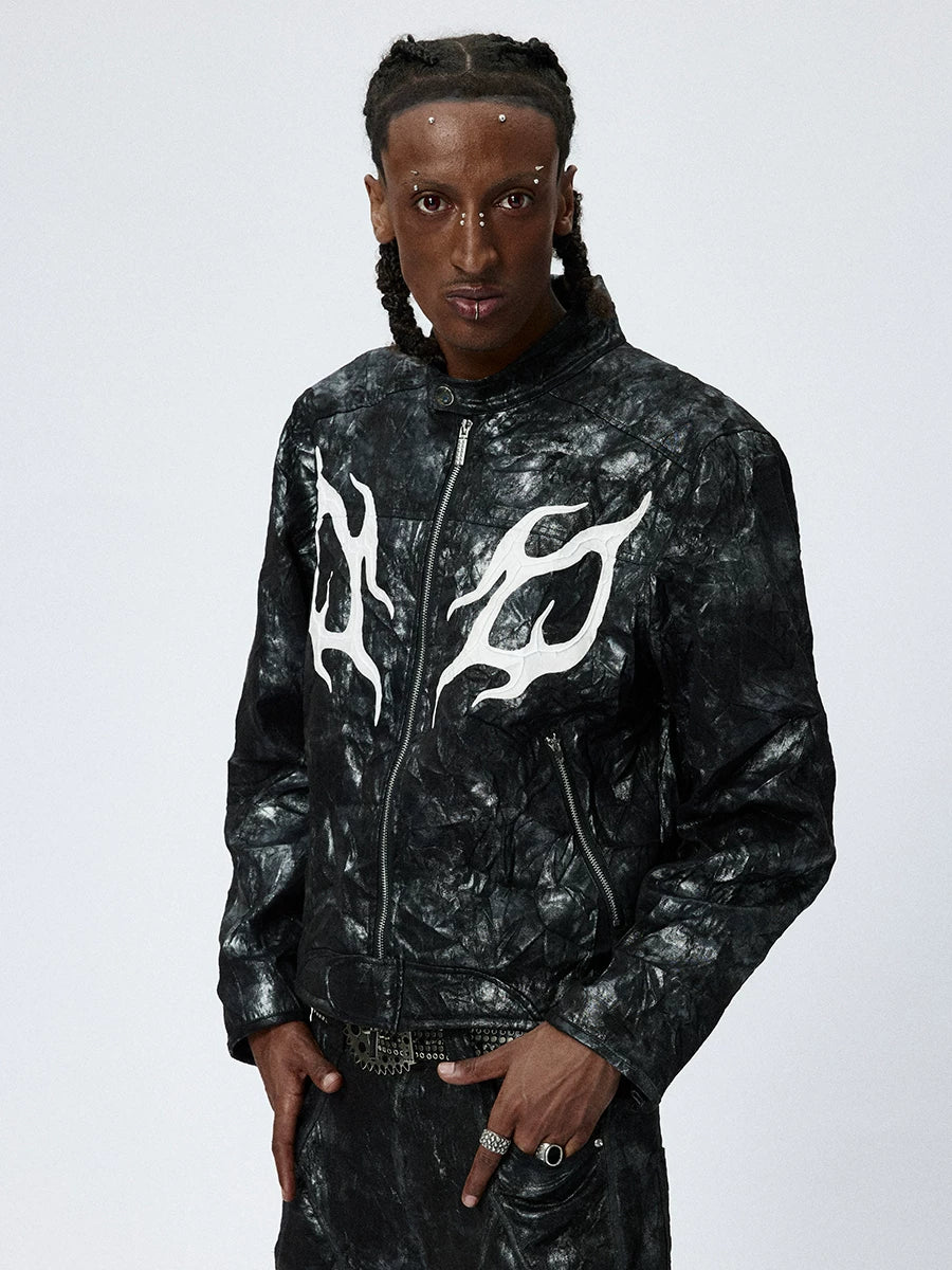 American Printed Pleated Leather Biker Jacket