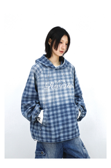 Gradient-Washed Plaid Stud Print Denim Hoodie