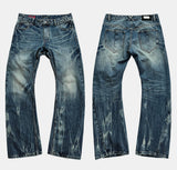 Vintage Washed Blue Printed Curved Jeans