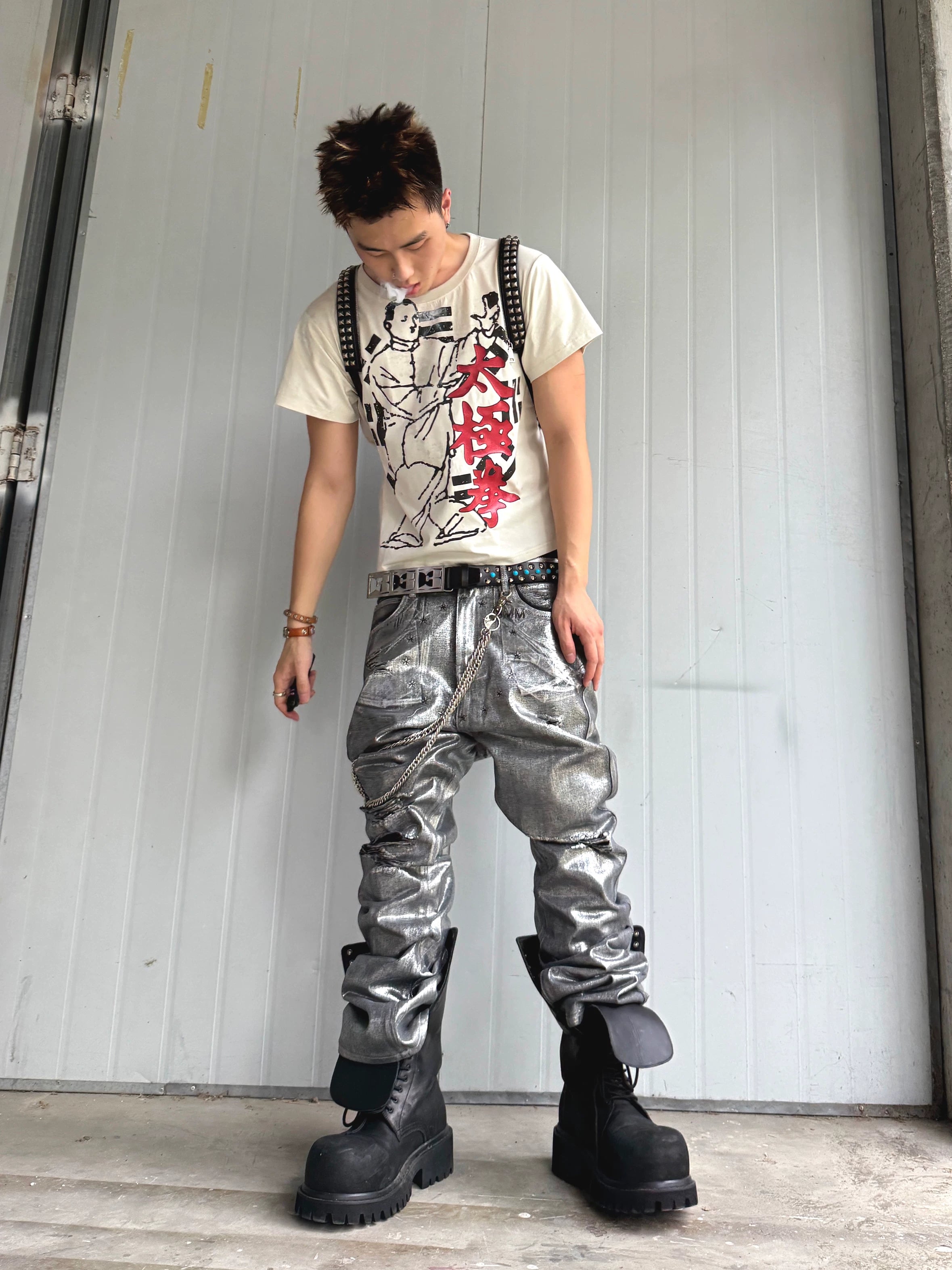 Distressed Silver Coated Embroidered Flared Jeans