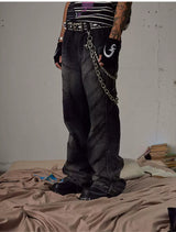Black Washed Distressed Straight Flared Jeans