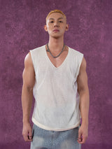Ash Beige Double V-Neck Knit-Mesh Vest