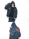 Navy Washed Embroidered Cropped Zip-Up Hoodie