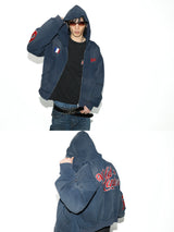 Navy Washed Embroidered Cropped Zip-Up Hoodie