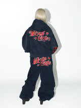 Navy Washed Embroidered Cropped Zip-Up Hoodie